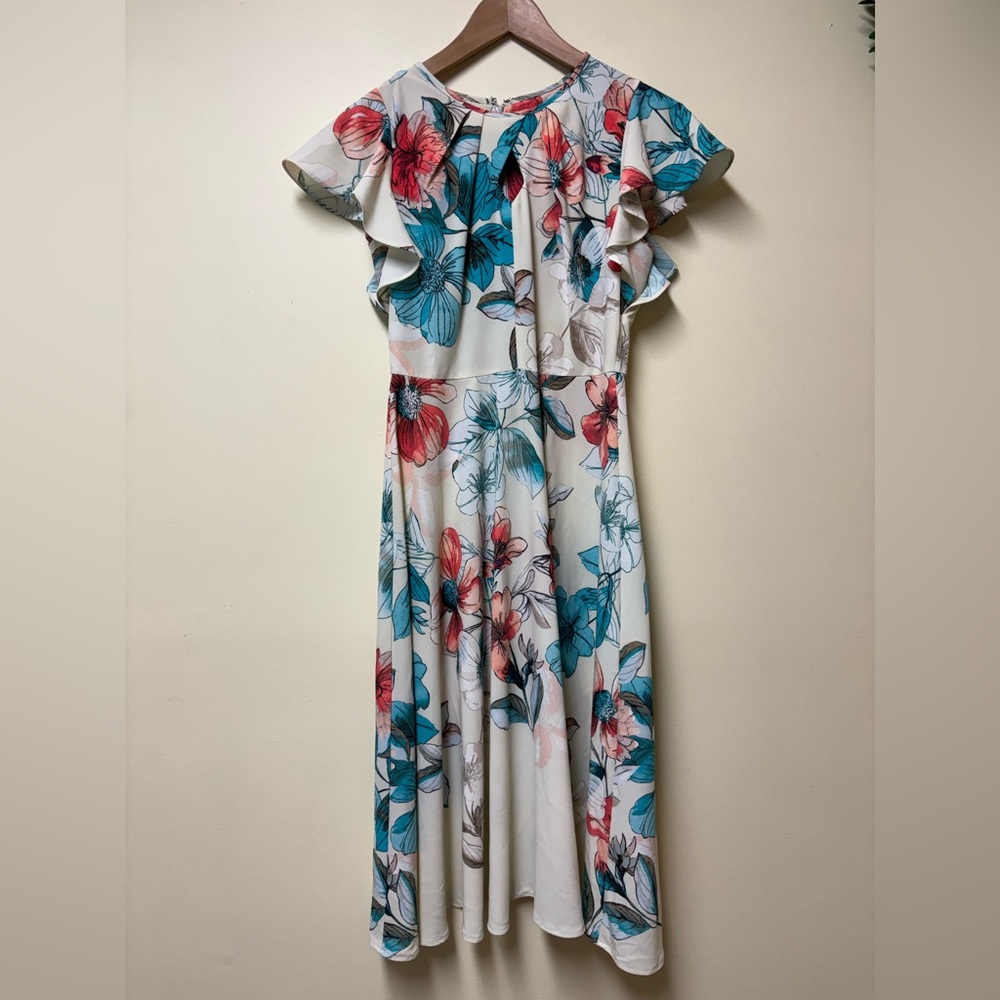 Danny And Nicole Floral A Line Dress with Flutter Ruffle Sleeves - 4